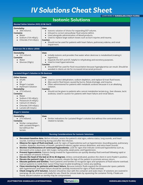 FREE: IV Fluid Guide and Cheat Sheet (2020 Update)   Most IV fluids are isotonic, meaning, they have the same concentration of solutes as blood plasma. When infused, isotonic solutions expand both the intracellular fluid and extracellular fluid spaces, equally.   Visit: Isotonic Solution, Different Types Of Iv Fluids, Iv Infusion Nursing, Types Of Iv Fluids, Infusion Nurse, Nursing Interventions, Iv Nurse, Iv Therapy Iv Infusion, Nclex Study Guide Cheat Sheets