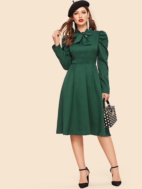 70s Tie Neck Gigot Sleeve Fit & Flare Dress -SHEIN(SHEINSIDE) Claire Underwood, Gigot Sleeve, Minimal Dress, Green Bow Tie, Dress Idea, Shein Dress, Full Dress, Womens Vintage Dresses, Emerald City