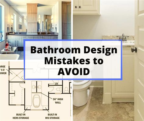 Two bathrooms and floor plan illustrating article about bathroom design mistakes Master Bath Layout, Bathroom Layout Ideas, Small Bathroom Layout, Bathroom Addition, Bathroom Plan, Bathroom Layouts, Bathroom Dimensions, Bathroom Design Layout, Bathroom Plans