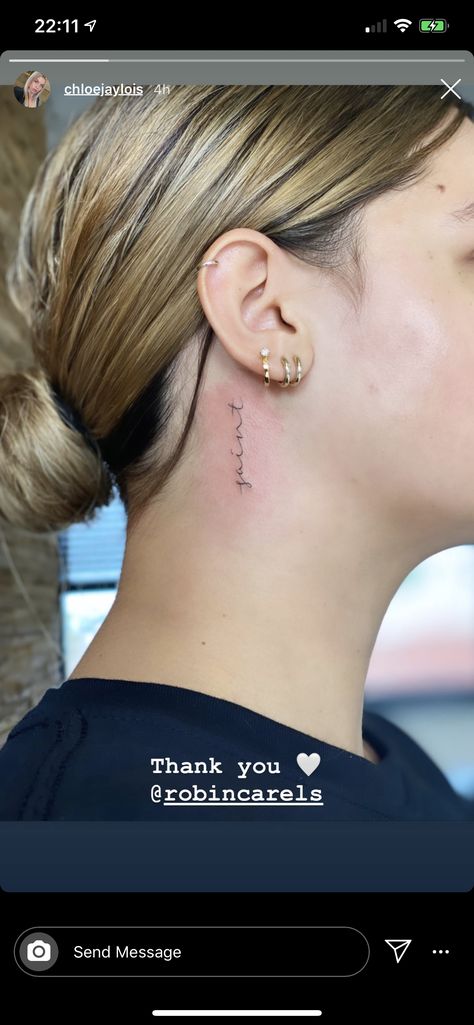 Behind Left Ear Tattoo, Behind Ear Vertical Tattoo, Cursive Ear Tattoo, Resilience Tattoo Behind Ear, Small Dainty Tattoos Behind Ear, Behind The Ear Writing Tattoo, Tattoo Placement Behind Ear, Dainty Tattoos Neck, Tattoos Behind The Ear Meaningful Words