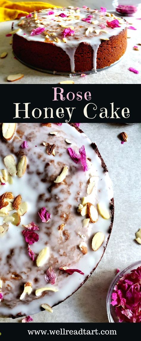 Honey cake infused with rose water and topped with an almond glaze. #honeycake #fancyhoneycake #rosewater #rosehoneycake #hanukkah2020 #hanukkahrecipes #hanukkahcakes #koshercakes #cakerecipes #recipes #desserts #dessertrecipes #cakes #honeycakes #holidaycakes #holidaybaking Rose Baking Recipes, Flower Flavored Cake, Rose Bread Recipe, Recipes With Rose Water Desserts, Rose Tea Cake, Rosewater Recipe Food, Rose Syrup Desserts, Herbal Cake Recipes, Recipes Using Rose Water