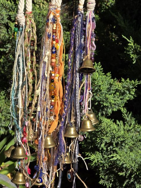 Witch Bells specially made with you in mind!  🔔Witch Bells are used to scare away evil and malicious spirits. Hanging them on doors where people often enter allow for cleansing of whatever may follow them in. The bells also cleanse spaces and crystals! Our witch bells have 3 bells & a variety of charms, beads, evil eyes, and crystals. This listing is for a made-for-you set of witch bells. Just let us know the answers to the questions in the personalization portion & we'll curate items for a specially made set of witch bells for you. Every set of witch bells come with 3 large bells & either a rope handle or heart handle, let us know which you prefer!  Photos are examples of past witch bells.  Please note, if no personalization is noted we will create based on intuition. 💕 Each set of whic Witchy Wind Chimes, Diy Witch Bells For Door, Witch Crafts Diy, Witchy Boho Decor, Witchy Inspiration, Crystal Wrapping, Pagan Inspiration, Hippie Things, Vibe Board