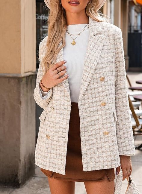 Happy Sailed Womens Tweed Blazers Casual Jackets Long Sleeve Double Breasted Open Front Plaid Blazer Jackets Work Suits Tweed Jacket Outfit, Blazers Casual, Tweed Blazer Women, Shirt Jacket Men, Womens Tweed, Mens Jackets Casual, Mens Sleepwear, Blazer Beige, Work Suits