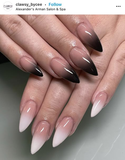 Black Ombre Manicure, White Black Ombre Nails, Ombre Black Nail Designs, Baby Boomer Nero, Ombre With French Tip, Black Ombre French Tip Nails, Nude To Black Ombre Nails, Dark Angel Nails, Black Ombre Nails Almond