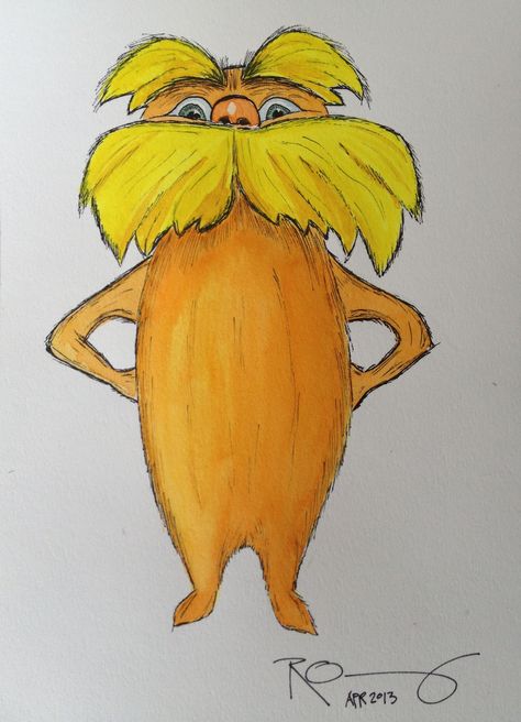 Lorax. Watercolor, pen & ink. Sketchbook. Lorax Watercolor, Lorax Drawing Easy, Lorax Sketch, Lorax Painting, The Lorax Drawing, Lorax Drawing, Birthday Doodles, Ink Sketchbook, Birthday Doodle