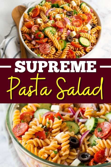 This supreme pasta salad will be the hit of any potluck! It's full of veggies, pepperoni, cheese, pasta, and a tangy Italian dressing. Salad Seasoning Pasta Salad, Pasta Salad Recipes With Italian Dressing And Salad Supreme, Supreme Salad Pasta, Pasta Salad With Mccormick Salad Supreme, Salad Supreme Spaghetti Salad, Pasta Salad With Pepperoni And Cheese, Pasta Salad With Peppers, Mccormick Salad Supreme Pasta Salad, Viral Pasta Salad