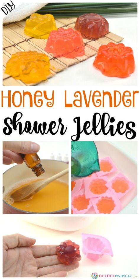 DIY Honey Lavender Shower Jellies Shower Jellies Diy, Soap Jellies, Bath Jellies, Baby Bath Gift, Bath Gift Basket, Shower Melts, Jelly Soap, Shower Jellies, Săpunuri Handmade