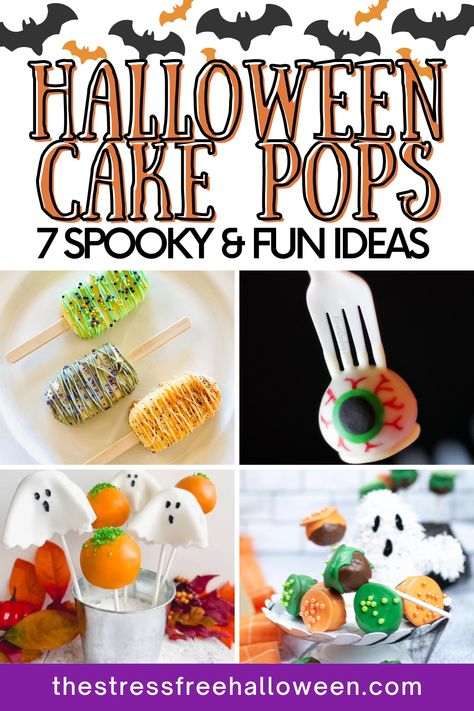 collage of halloween cake pop ideas including ghosts, caldrons, eye ball, and halloween popsicle shaped cake pops Halloween Cake Pops Ideas, Spooky Halloween Cakes, Dessert Halloween, Ghost Cake, Halloween Cake Pops, Spooky Treats, Ideas For Halloween, Halloween Cake, Halloween Desserts