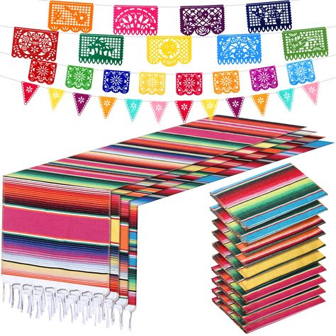 PRICES MAY VARY. Mexican Party Decorations: you will receive 10 pieces of Mexican table runners, 1 set of 9 large felt Picado banners, 1 set of 12 Mexican pennant banners, and 1 set of 8 small Picado banners, 13 pieces in total, which is enough for you to use in your everyday life and at parties, and you can change them as you like or share with others Mexico Theme Designs: these Mexican decorations feature classic Mexican elements, the table runners are designed in striped patterns with tassels Mexican Theme Party, Mexican Tablecloth, Picado Banner, Blue Toys, Mexican Table Runner, Mexican Party Decorations, Mexican Table, Fiesta Birthday Party, Mexican Birthday