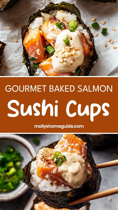 Looking for a unique appetizer to impress your guests? Try these delicious baked salmon sushi cups! Made with fresh ingredients and bursting with flavor, these bite-sized treats are perfect for any occasion. Easy to make and sure to wow your taste buds, these baked salmon sushi cups are a must-try recipe for seafood lovers. Whether you're hosting a party or just craving something tasty, these savory snacks will satisfy your cravings. Baked Salmon Sushi Cups, Salmon Cups, Salmon Sushi Cups, Baked Salmon Sushi, Sushi Cups, Sweet Sushi, Sushi Sauce, Best Salmon Recipe, Pescatarian Diet