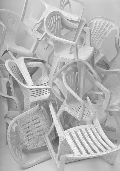 German designer Tina Roeder has just send us pics of her first solo exhibition 'white billion chairs 33' -   a collection of old and rare monoblock chairs (2002-2009), which she has individually perforated   (up to ten thousand holes each) and sanded, in order to give them a new life and appreciation.  This numbered limited edition of 33 unique pieces, you can see at the Appel Design Gallery in Berlin, Germany. 2009. Monoblock Chair, White Plastic Chair, White Plastic Chairs, Creative Design Furniture, Plastic Chairs, The White Album, Furniture Design Chair, White Spirit, Elegant Chair