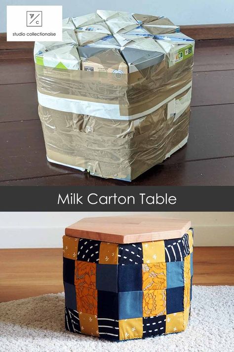 Make something truly unique using 24 milk cartons, decorate it with a fabric of your choice. DIY Milk Carton Table. 牛乳パック手作りテーブル. Milk Carton Upcycle, Upcycle Milk Carton, Carton Furniture, Diy Milk Carton, Cardboard Stool, Cardboard Box Storage, Milk Carton Crafts, Recycled Magazine Crafts, Indoor Play Centre