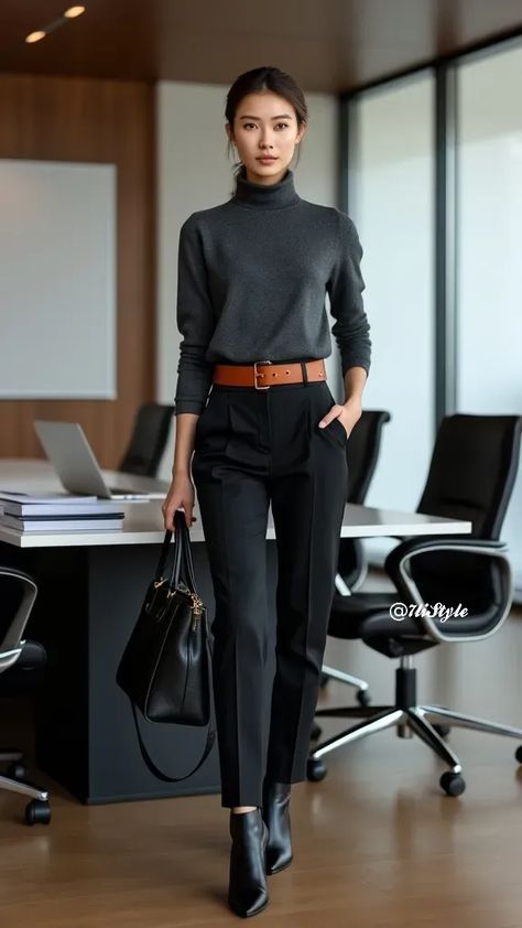 Smart Winter Business Casual Look for Women Women’s Fashion Winter Work, Over 40 Office Outfits, Professional Fashion Outfits, Executive Women’s Outfits, Business Casual 2025 Women, Dress For Office Work Wear, Dress Like An Executive Without Heels, Lawyer Style Women, Cold Winter Work Outfits For Women