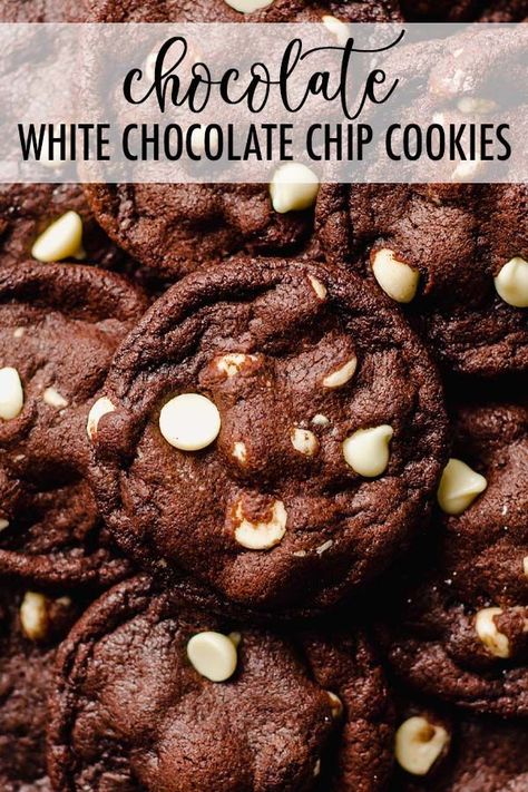 Chocolate White Chocolate Chunk Cookies: Simple chocolate cookies filled with creamy chunks of white chocolate. This chocolate white chocolate chip cookie recipe is sure to be a holiday favorite but it's also good all year long. | chocolate white chocolate chip cookies recipe | chocolate white chocolate chip cookies recipes | chocolate cookies with white chips | chocolate cookies with white choc chips | chocolate cookies with white chocolate | chocolate cookies with white chips easy Chocolate White Chocolate Chip Cookies, White Chocolate Chip Cookies Recipes, Drop Sugar Cookies, Chewy Chocolate Cookies, Homemade Vanilla Extract, White Choc, White Chocolate Chip, White Chocolate Chip Cookies, White Chocolate Cookies