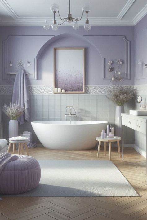 Relax in a sea of tranquility with this calming lavender and light grey palette. Soothing colors for your personal spa. #LavenderBathroom #CalmingColors Pastel Bathroom Ideas, Zen Bathroom Ideas, Pastel Bathroom, Sea Of Tranquility, Lavender Bathroom, Lavender Interior, Second Bathroom, Zen Bathroom, Bathroom Color Schemes