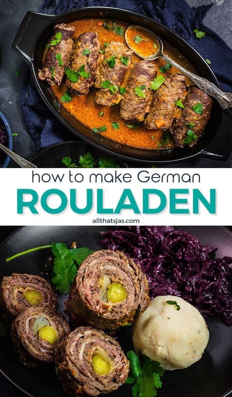 These hearty, traditional German beef roll-ups with pickles, onions, and bacon are the ultimate comfort meal. Instant pot and slow cooker instructions! | allthatsjas.com | #beef #rollups #german #internationalcuisine #comfortfood #homemade #instantpot #slowcooker #rouladen #crockpot #allthatsjas #recipes #pickles #onios #bacon #insauce #howtomake Beef Rollups, German Rouladen, Beef Roulade, Rouladen Recipe, Pickles Onions, Beef Roll Ups, Beef Rouladen, Instant Pot Slow Cooker, Beef Round