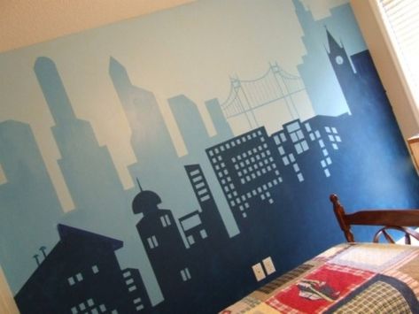 10 Big City Theme Designs For Kids Rooms | Kidsomania Batman Kids Rooms, Batman Bedroom, Kids Room Grey, Batman Room, City Theme, Superhero Bedroom, Superhero Classroom, Wallpaper Vinyl, Big Boy Bedrooms