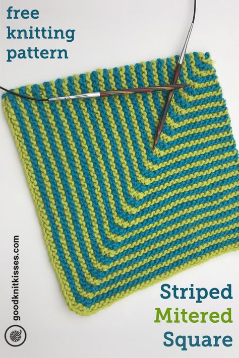 Learn how to knit a colorful Striped Mitered Square with this free pattern and tutorial video from GoodKnit Kisses #goodknitkisses #knitting #knit #freeknittingpattern #knittingpattern #howtoknit How To Knit A Mitered Square, Mitred Squares Knitting, Mitered Square Knitting, Geometric Knitting, Knit Squares, Knitted Squares Pattern, Easy Blanket Knitting Patterns, Knitted Blanket Squares, Knitting Squares