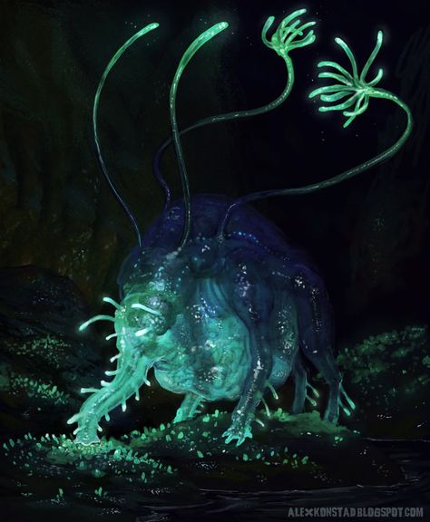 This is a little bit of a crop from one of the illustrations I did at work not too long ago. My favorite part is the little mushrooms in the corner, really, but overall it was fun to work with the ... Fm Aesthetic, Alex Konstad, Rpg Monsters, Cthulhu Fhtagn, Cave Animals, Strange Creatures, Beast Creature, Creature Artwork, Alien Concept