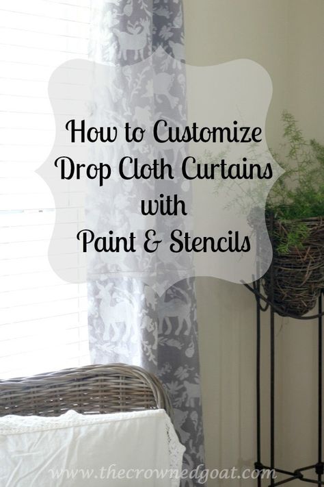 How to Customize Drop Cloth Curtains with Paint and Stencils Bleached Drop Cloth Curtains, Painting Drop Cloth Curtains Ideas, Dyed Drop Cloth Curtains, How To Paint Curtains, Stencil Curtains Diy, Painters Cloth Curtains, Painted Drop Cloth, Drop Cloth Ideas, Stenciled Curtains