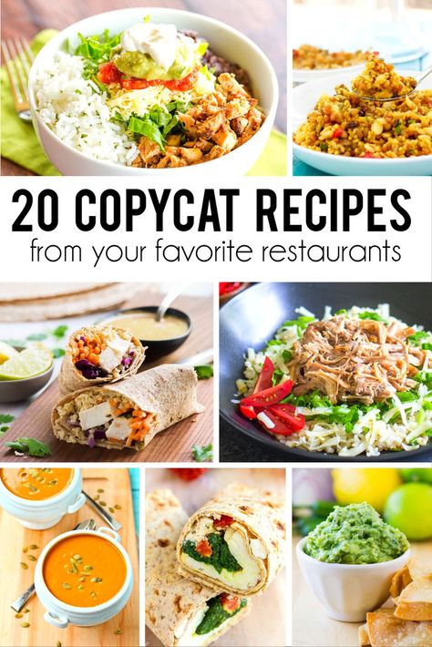 20 copycat recipes from your favorite restaurants graphic. Moes Recipes Copycat, Hungryroot Copycat Recipes, Moes Copycat, Restaurant Recipes Copycat, Hungryroot Recipes, Recipes Copycat, Cafe Recipes, Restaurant Copycat, Copy Cats