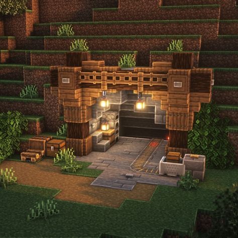 Minecraft Mine Entrance Design EASY in Survival Mineshaft Entrance Minecraft Ideas, Medieval Minecraft Mine Entrance, Minecraft Building Ideas Entrance, Aesthetic Minecraft Mine Entrance, Minecraft Building Ideas Mine Entrance, Cottagecore Minecraft Mine Entrance, Guest House Minecraft, Mining In Minecraft, Minecraft Mine Entrance Simple