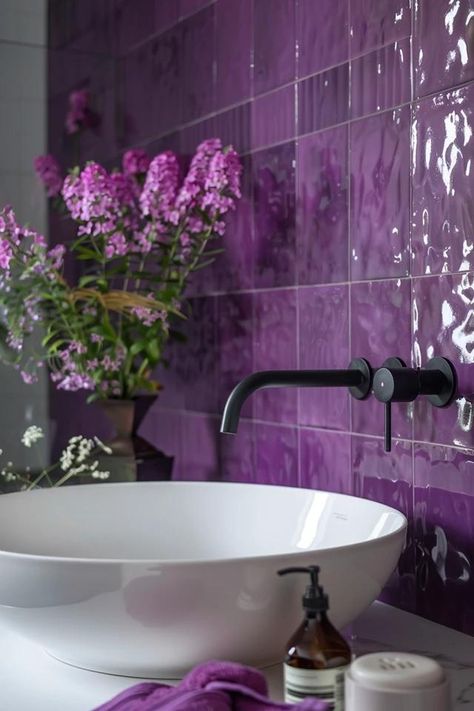 Small Purple Bathroom Ideas for Chic Spaces Dark Purple Tile Bathroom, Bathroom With Purple Accents, Dusty Purple Bathroom, Brazilian Bathroom, Purple Bathroom Aesthetic, Deep Purple Bathroom, Purple And Green Bathroom, Purple Tile Bathroom, Amethyst Bathroom