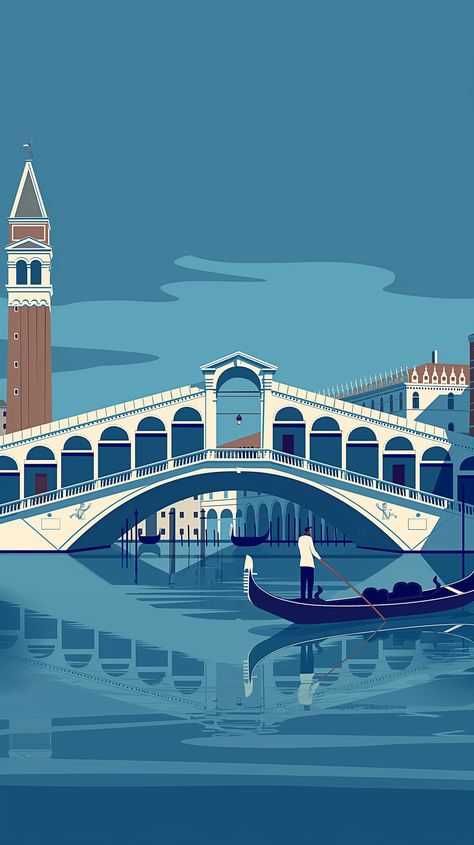 A modern illustrated travel poster showing the Rialto Bridge, spanning the Grand Canal in Venice, flat design, 2d, deep blue color palette --v 6 Deep Blue Color Palette, Venice Illustration, Venice Bridge, Venice City, Bridge Art, Rialto Bridge, Blue Color Palette, Deep Blue Color, Venice Travel