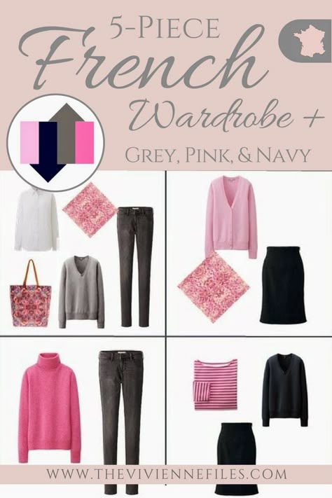 The French 5-Piece Wardrobe + A Common Capsule Wardrobe: Shades of Pink, Navy and Grey Pink Capsule Wardrobe, 5 Piece French Wardrobe, French Capsule Wardrobe, French Wardrobe, Trendy Items, Capsule Wardrobe Work, Fashion Capsule Wardrobe, Travel Capsule Wardrobe, Minimalist Capsule Wardrobe