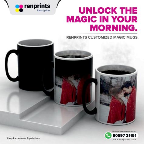 Unlock the Magic in Your Morning with Renprints customized Magic Mugs. Transform your daily routine with Renprints' enchanting Magic Mugs! These innovative, temperature-sensitive mugs change color with hot water, revealing a hidden message, image, or design. 📍 Personalize with your favorite quote, inside joke, or beloved image. 📍 Surprise friends and family with a unique, thoughtful gift. 📍 Elevate your home decor with a touch of magic. Order now & start doing magic with your sip. ☎️ +91- 805... Inside Joke, Hidden Message, Inside Jokes, Morning Motivation, Daily Routine, Hot Water, Custom Mugs, Favorite Quotes, Thoughtful Gifts