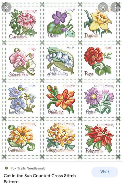 Flowers Of The Month, Flower Of The Month, Hobby Craft, Cross Stitch Patterns Flowers, Mini Cross Stitch, Pixel Pattern, Floral Cross Stitch, 자수 디자인, Cross Stitch Patterns Free