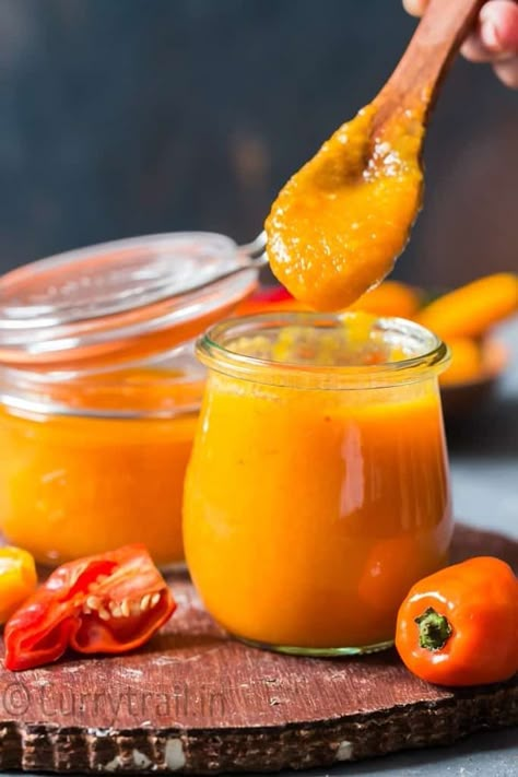 Mango Habanero Hot Sauce Recipe (with Video) -CurryTrail Mango Habanero Hot Sauce, Habanero Hot Sauce Recipe, Habanero Sauce Recipe, Mango Habanero Sauce, Mango Habanero Salsa, Hot Sauce Recipe, Recipe Mango, Homemade Hot Sauce, Habanero Sauce