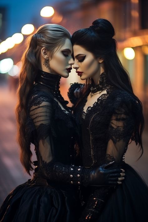 Gothic lesbian couple, AI Gothic Lesbian Wedding, Goth Lesbian Wedding, Goth Lesbian, Lesbian Vampire, Wedding Memory Box, Wedding Memory, Future Girlfriend, Prom Couples, Gothic Vampire