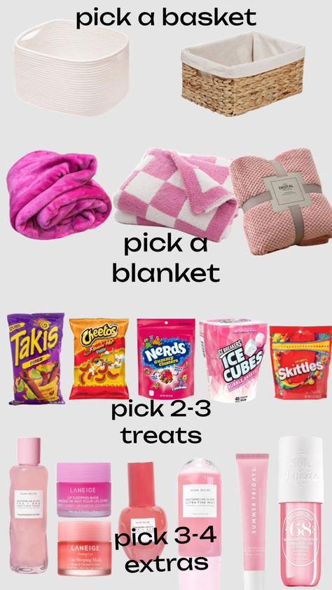 make pink themed gift basket Pink Theme Basket, Pinks Gifts, Pink Themed Gift Basket, Blue Themed Gift Baskets, Girly Gift Baskets, Pink Gift Basket Ideas, Bur Basket, Blue Gift Basket, Brr Basket