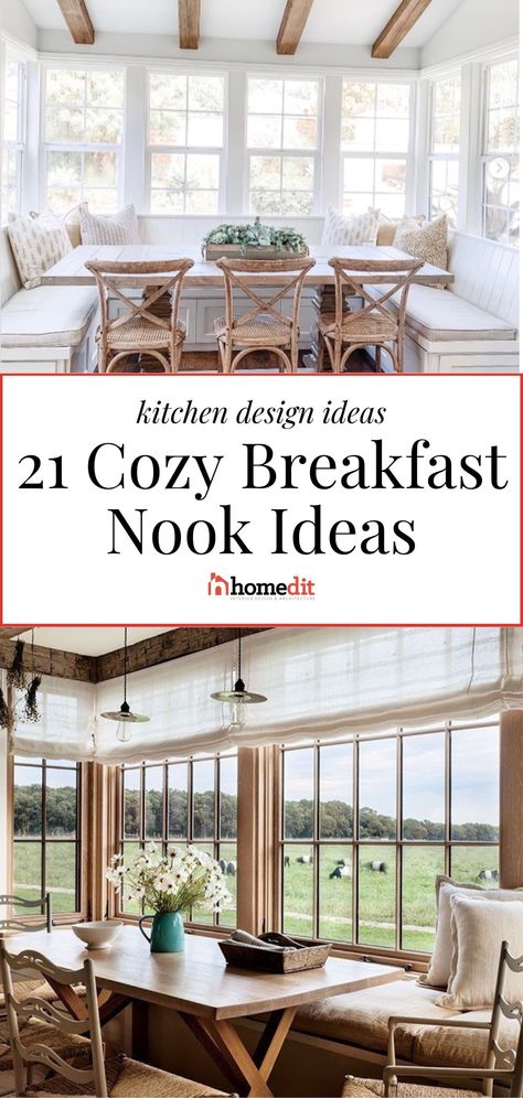 Need some cozy breakfast nook design ideas for your kitchen? Check out our collection of 21 perfect breakfast nook ideas in every style, including benches, sitting areas, built-ins, banquettes, and more. Discover the ideal modern breakfast nook decor ideas for your kitchen. Small Galley Kitchen With Breakfast Nook, Banquettes Kitchen Breakfast Nooks, Keeping Room Off Kitchen Seating Areas, Kitchen Window Seating, Sitting Room Off Kitchen, Nook Decor Ideas, Breakfast Nook Sitting Area, Breakfast Banquette, Nook Design Ideas