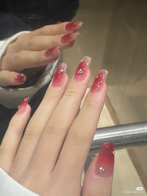 Nails Nails Inspo Jelly, Red Nails Douyin, Red Jelly Nails Design, Red Nails Korean, Red Korean Nails, Almond Jelly Nails, Kpop Nails Ideas, Jelly Nails Aesthetic, Korean Nails Short