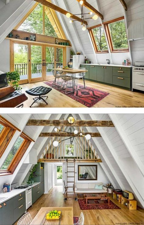 A Frame Studio Apartment, Small Triangle House Design, A Frame Stairs Staircases, Triangle Cabin House Plans, Tiny Homes Cabin Style, A Shape House Interior, Remodel A Frame House, Small Aframe Interiors, Aframe Interiors Bathroom