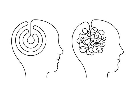 Head mind people with scheme and confused thinking brain, continuous line. Disorder, chaos, confusion and order, mental balance, calm in thoughts. Logic and creative thinking. Vector illustration Head Brain Illustration Art, Confusion Illustration, Calm Illustration, Mexican Thanksgiving, Nursing Art, Confused Mind, Think Logo, Theory Of Mind, Brain Illustration