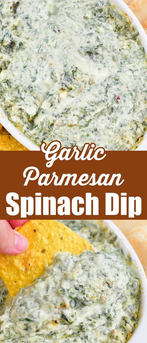 Garlic Parmesan Spinach Dip is a deliciously warm, cheesy dip that really highlights the garlic and parmesan flavors! It’s easy to make, completely addictive, and always a huge hit at parties. Hot Cheesy Spinach Dip, Hot Dip Recipes Vegetarian, Creamy Garlic Parmesan Broccoli, Campfire Spinach Dip, Garlic Spinach Dip, Parmesan Crusted Spinach Dip Longhorn, Fresh Spinach Dip Recipe, Mellow Mushroom Spinach Dip Recipe, Cheesy Dips Easy