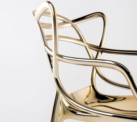 PRECIOUS KARTELL: PHILIPPE STARCK REIMAGINES THE MASTERS CHAIR Kartell Masters Chair, Masters Chair, Gold Chair, Furniture Ads, Metal Chair, Chaise Design, Zaha Hadid, Milan Design Week, Philippe Starck