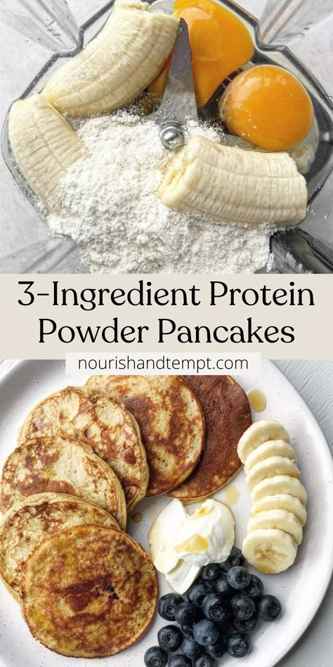 A picture of the ingredients needed for protein pancakes including banana, protein powder and eggs. Fast Protein Breakfast Ideas, Ww Protein Pancakes, Banana Pancakes With Protein Powder, Healthy Low Cal Dinner Ideas, Protein Powder Easy Recipes, Breakfast After Gym, Banana Protein Pancakes 3 Ingredients, 3 Ingredient Protein Waffles, Protein Packed Pancakes