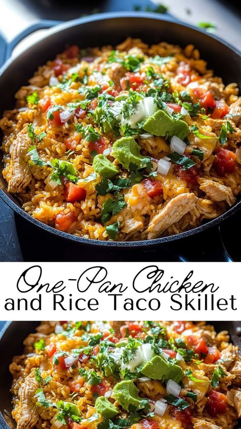 Simplify dinner with this one-pan chicken and rice taco skillet! Juicy chicken pieces are cooked with fluffy rice, taco spices, and savory toppings for a meal bursting with flavor. Perfect for fall recipes, this dish offers a quick, satisfying dinner option for busy weeknights. Add your favorite taco toppings for an extra kick of flavor. One Pan Chicken Tacos, Taco Chicken And Rice Recipes, One Pan Chicken And Rice Dinner, Mexican Skillet Chicken, Simple Hearty Dinners, Skillet Rice Meals, Chicken Taco Skillet Dinner, Chicken And Rice Tacos, Tex Mex Rice Bowl