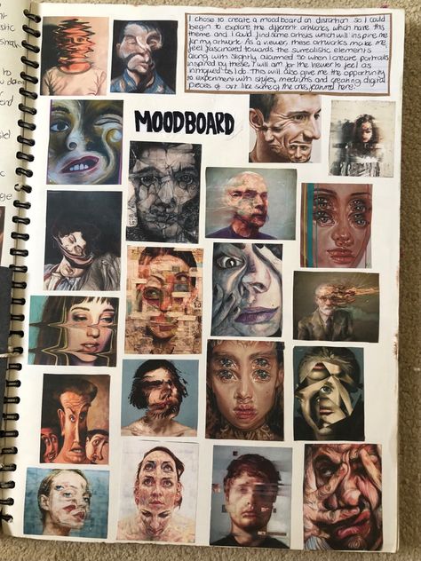 Distortion Artist Research, Presenting Photos Gcse Art, Portraiture Title Page, Fragments Art Gcse Title Page, Moodboard Art Gcse, Art Gcse Moodboard, Art Process Portfolio, Grade 9 Art Gcse Sketchbook, Out Of Place Art