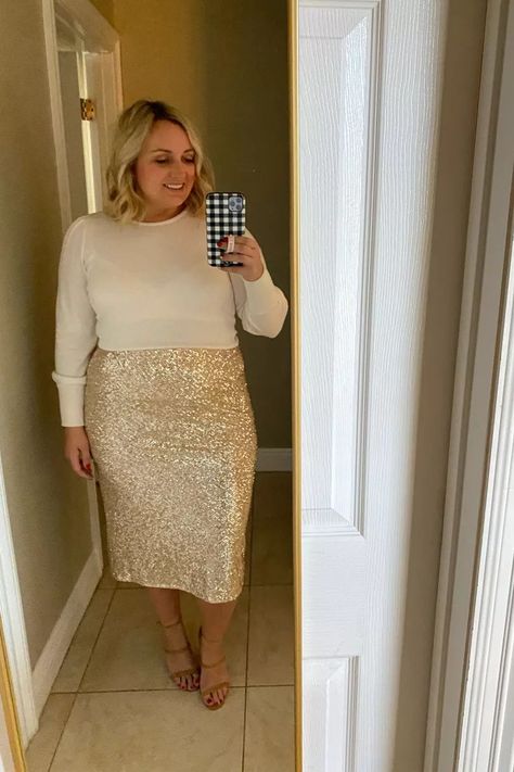 Holiday Office Party Outfit Plus Size, Sequin Skirt Holiday Outfit, Maternity Christmas Party Outfit, Sweater Skirt Outfit Winter, Plus Size Christmas Outfit Party, Sequin Skirt Outfit Dressy, Sequence Skirt Outfit, Gold Sequin Skirt Outfit, Sparkle Skirt Outfit