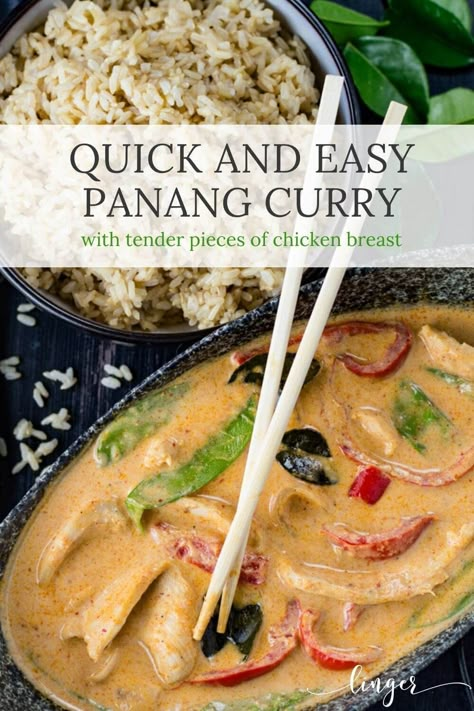 Learn how to make this quick and easy Chicken Panang Curry from scratch. Panang Curry Paste, coconut milk, tender chicken and lots of veggies go into this Thai Curry dish recipe. Chicken Panang Curry Recipe, Panang Curry Chicken, Chicken Panang, Thai Yellow Chicken Curry, Thai Panang Curry, Panang Curry Recipe, Panang Curry Paste, Noodles With Shrimp, Quick Easy Chicken