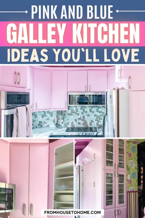 Have you ever wondered if pink and blue go together in a kitchen? IT DOES! Here's the ultimate way to remodel your small galley kitchen in blue and pink! Pink And Blue Kitchen, Small Galley Kitchen Remodel, Small Room Ideas, Cheerful Kitchen, Olympia Tile, Kitchen Cabinets Color Combination, Small Galley Kitchen, Sewing Room Storage, Galley Kitchen Remodel