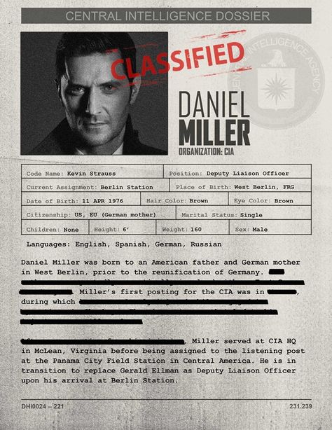 Richard Armitage as Daniel Miller in Berlin Station (2016-2018)  Season 1 Daniel's ID Police File, Detective Party, Sarah Wayne Callies, Berlin Station, Detective Aesthetic, West Berlin, Reunification, Mystery Games, Police Report