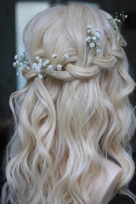 Hair With Plaits, Braided Bridal Hair, Boho Wedding Hair Accessories, Wedding Hair Plaits, Hair Training, Waterfall Braid Hairstyle, Bridal Hair Half Up, Waterfall Braids, Wedding Hair Makeup