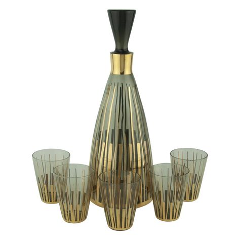 Mid Century Vintage Gold Stripe Smoke Glass Decanter Set | Available at The Hour & TheHourShop.com | Curated cocktail glassware, barware, bar tools & more for a well styled home bar. #barware Unique Home Bar, Glasses Unique, Antique Bar, Vintage Decanter, Cocktail Glassware, Glass Inspiration, Decanter Set, Bar Gifts, Better Style