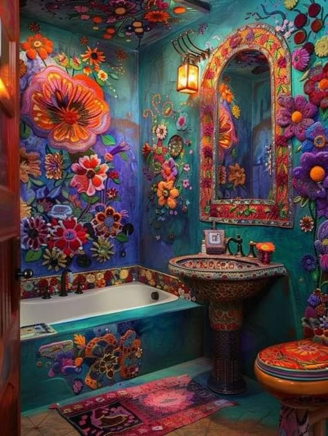 Funky Bathroom, Boho Style Bathroom, Artistic Bathroom, Boho Bathroom Ideas, Hippie Homes, Bohemian House, Bohemian Lifestyle, Maximalist Decor, Boho Bathroom